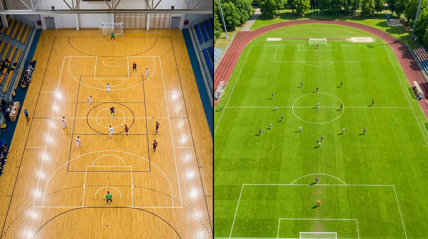 Campo de futsal e campo de futebol lado a lado em vista aerea
